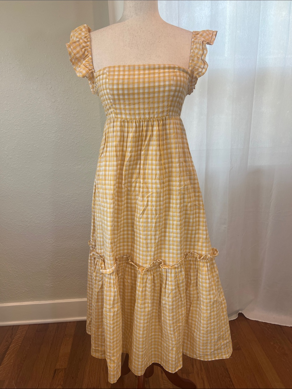 Caara Yellow Gingham Angelina Ruffled Maxi Dress. Size S. NWT.